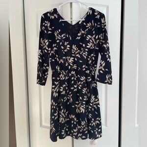 Collective Concepts Dark Blue Leaf Print 3/4 Sleeve Dress